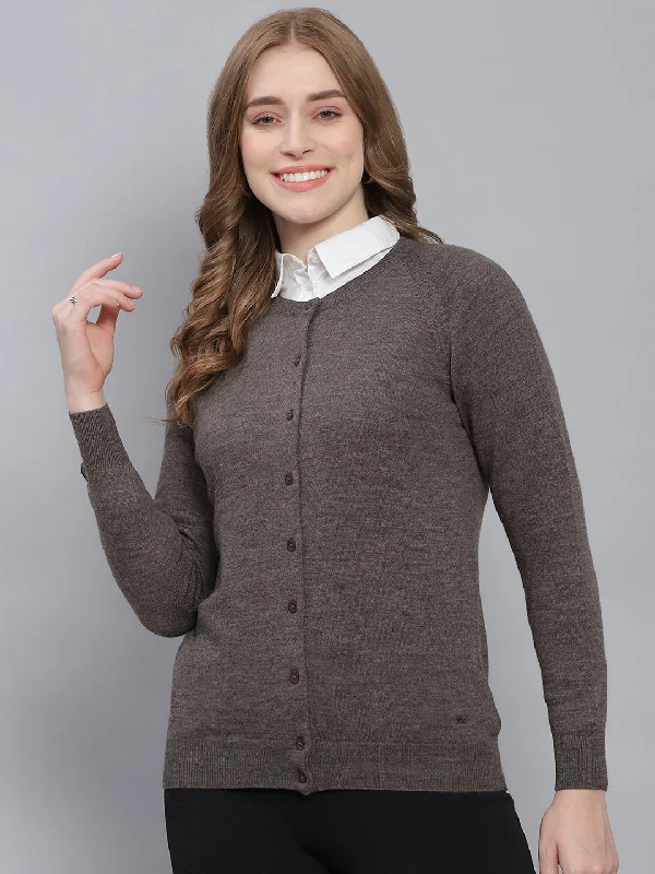 cardigan cuddly vibe -Women Grey Solid Round Neck Full Sleeve Cardigans