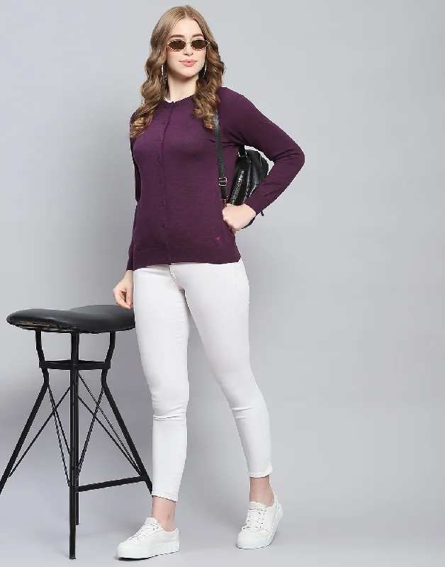 cardigan chill wear -Women Maroon Solid Round Neck Full Sleeve Cardigan