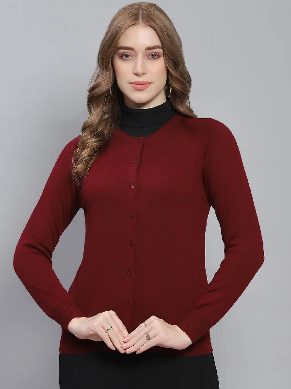 cardigan star pattern -Women Maroon Solid Round Neck Full Sleeve Cardigans