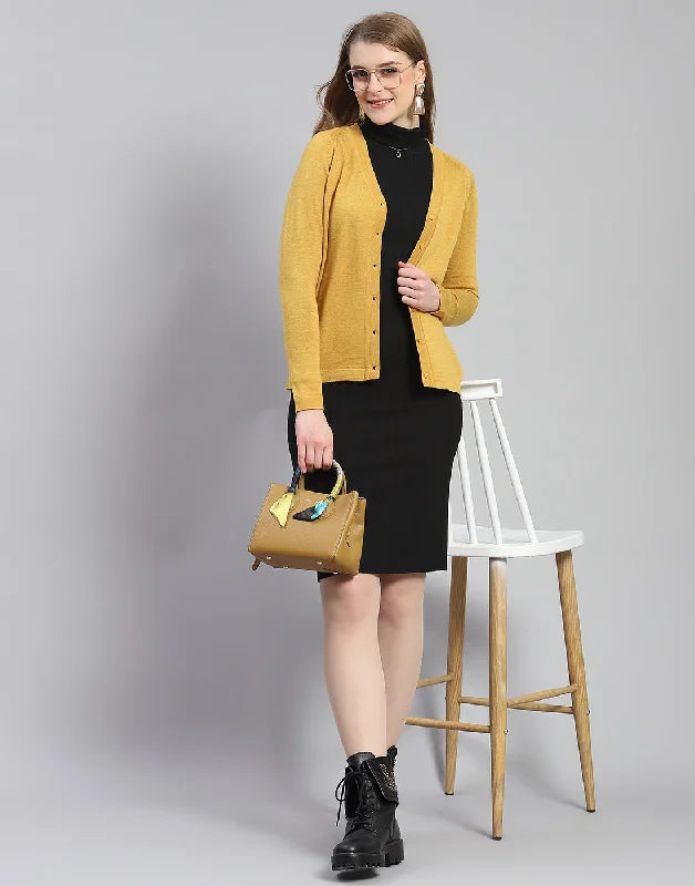 cardigan plush grey -Women Mustard Solid V Neck Full Sleeve Cardigan