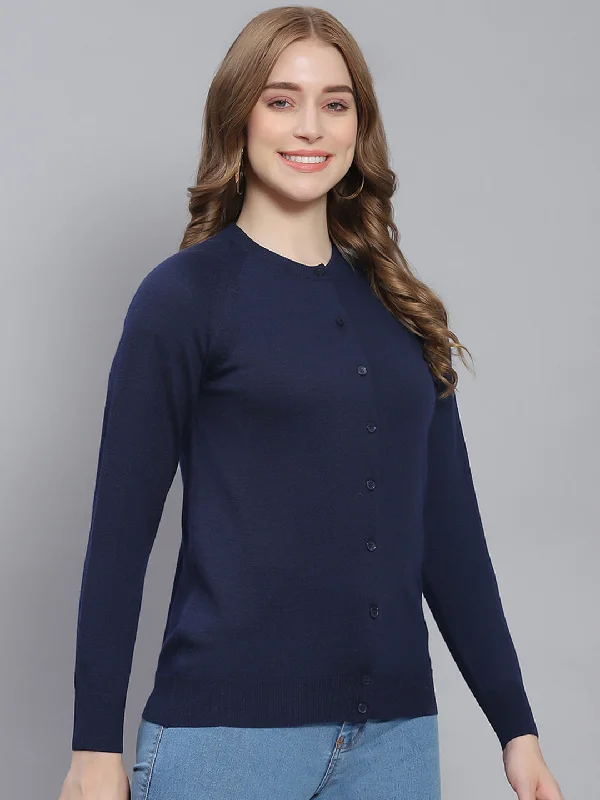 cardigan velvety knit -Women Navy Blue Solid Round Neck Full Sleeve Cardigans