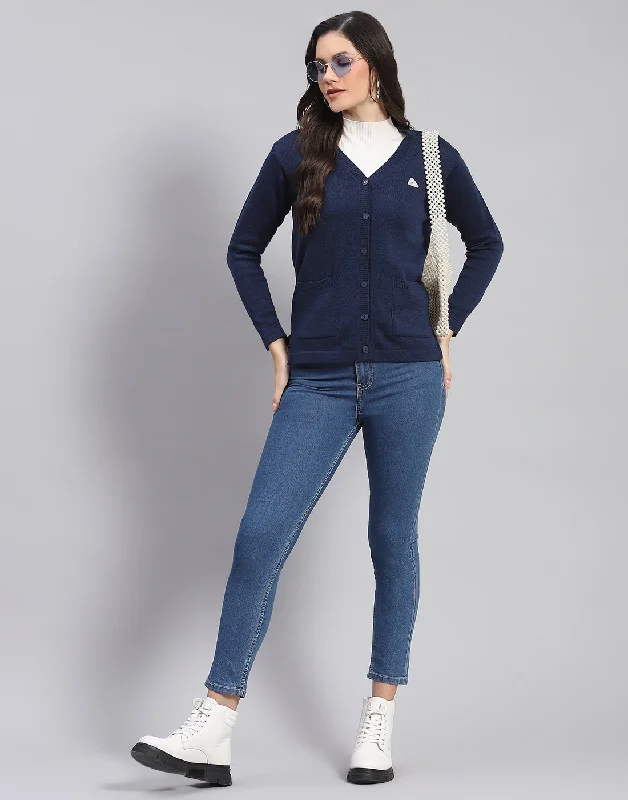 cardigan chill plush -Women Navy Blue Solid V Neck Full Sleeve Cardigan