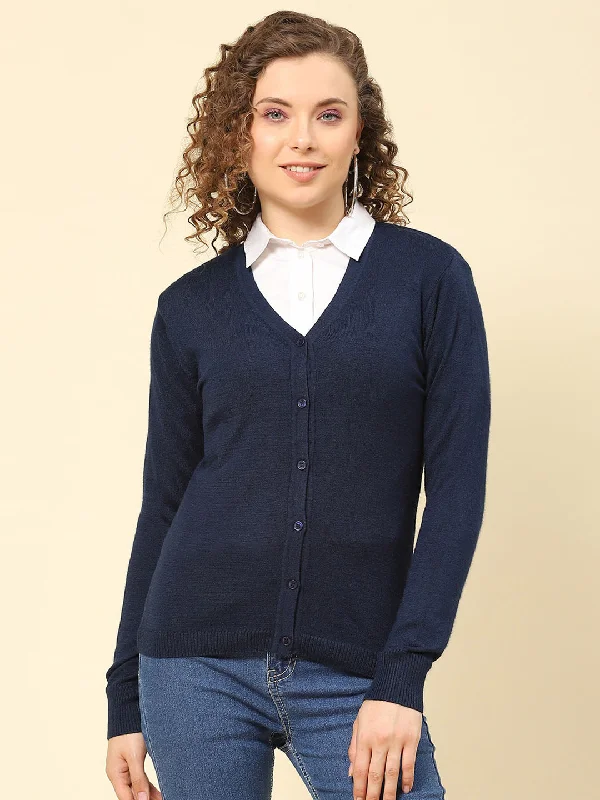 cardigan chill red -Women Navy Blue Solid V Neck Full Sleeve Cardigans