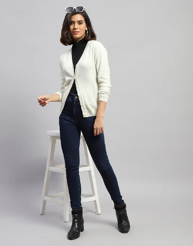 cardigan luxe pattern -Women Off White Solid V Neck Full Sleeve Cardigan