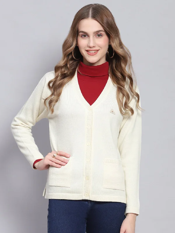 cardigan sharp green -Women Off White Solid V Neck Full Sleeve Cardigans