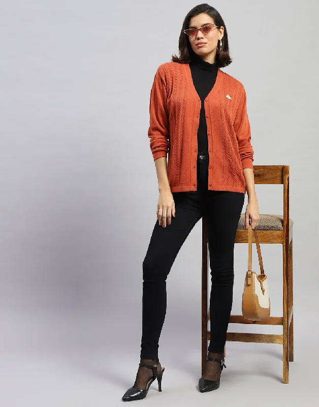 cardigan tonal sweater -Women Orange Self Design V Neck Full Sleeve Cardigan