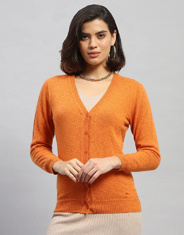 cardigan cool design -Women Orange Solid V Neck Full Sleeve Cardigan