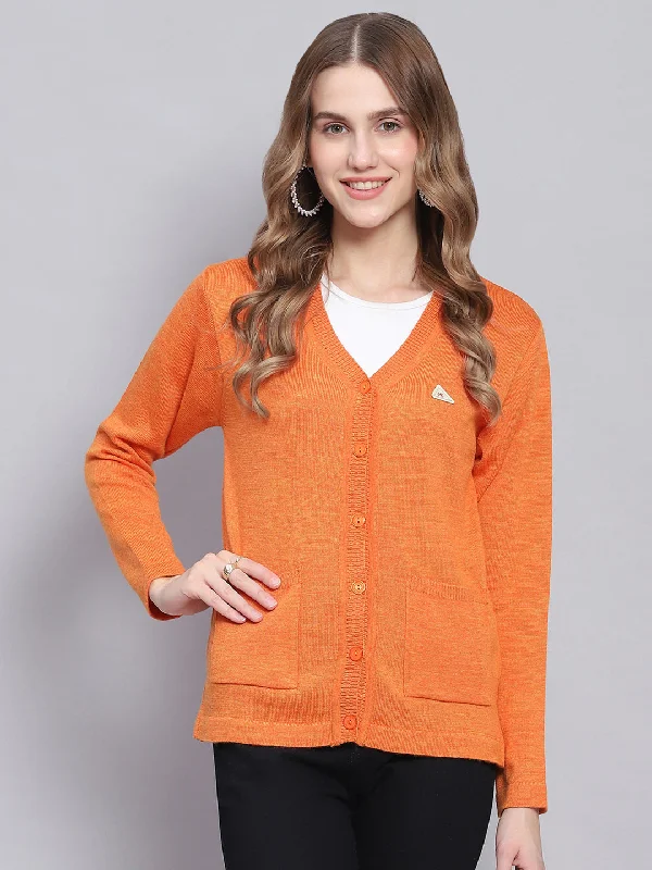 cardigan vivid pink -Women Orange Solid V Neck Full Sleeve Cardigans