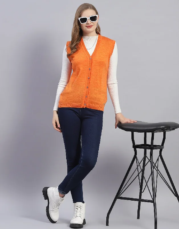 cardigan sharp alpaca -Women Orange Solid V Neck Sleeveless Cardigan