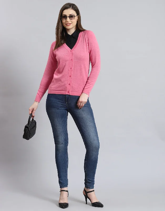 cardigan cozy red -Women Pink Solid V Neck Full Sleeve Cardigan