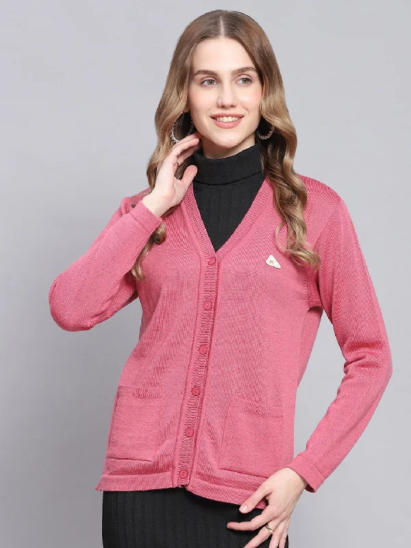 cardigan striking pink -Women Pink Solid V Neck Full Sleeve Cardigans