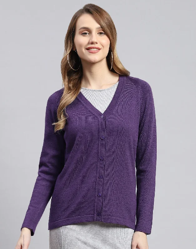 cardigan plush olive -Women Purple Solid V Neck Full Sleeve Cardigans