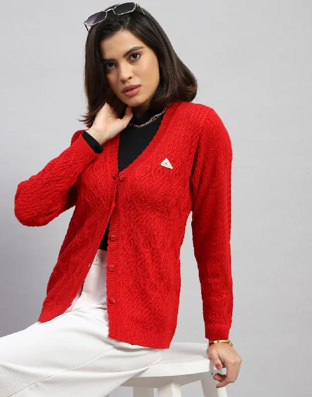 cardigan chill fit -Women Red Self Design V Neck Full Sleeve Cardigan