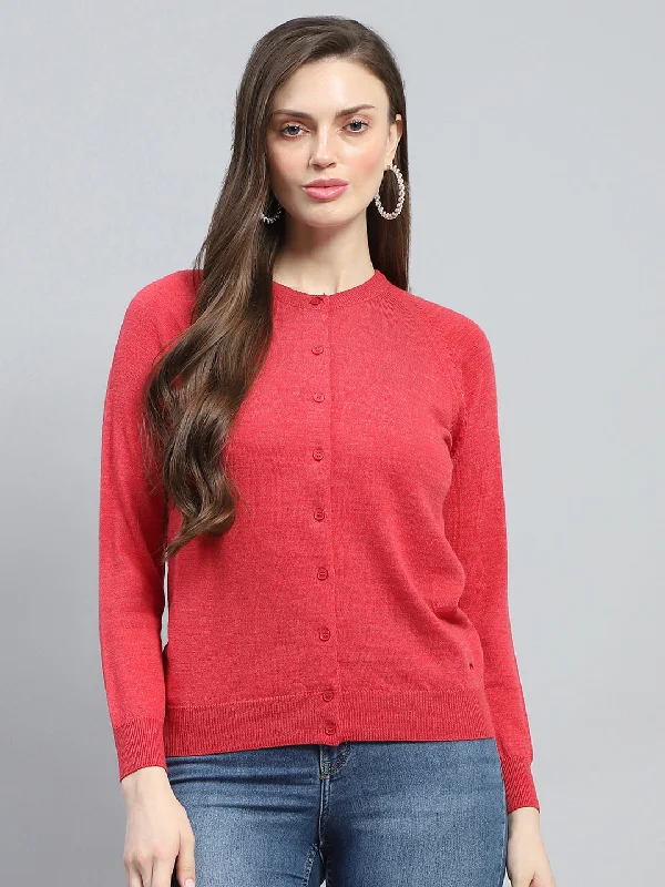 cardigan warm mustard -Women Red Solid Round Neck Full Sleeve Cardigan