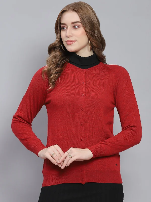 cardigan slouch sweater -Women Red Solid Round Neck Full Sleeve Cardigans