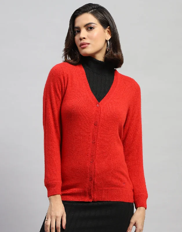 cardigan sharp pattern -Women Red Solid V Neck Full Sleeve Cardigan