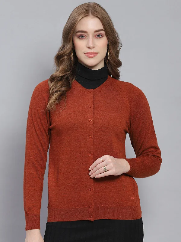 cardigan hushed tone -Women Rust Solid Round Neck Full Sleeve Cardigans