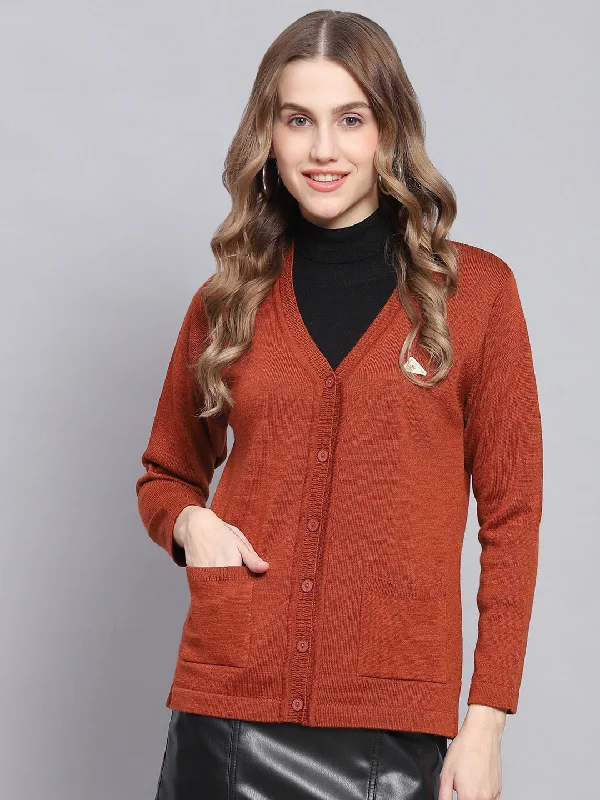 cardigan vivid beige -Women Rust Solid V Neck Full Sleeve Cardigans