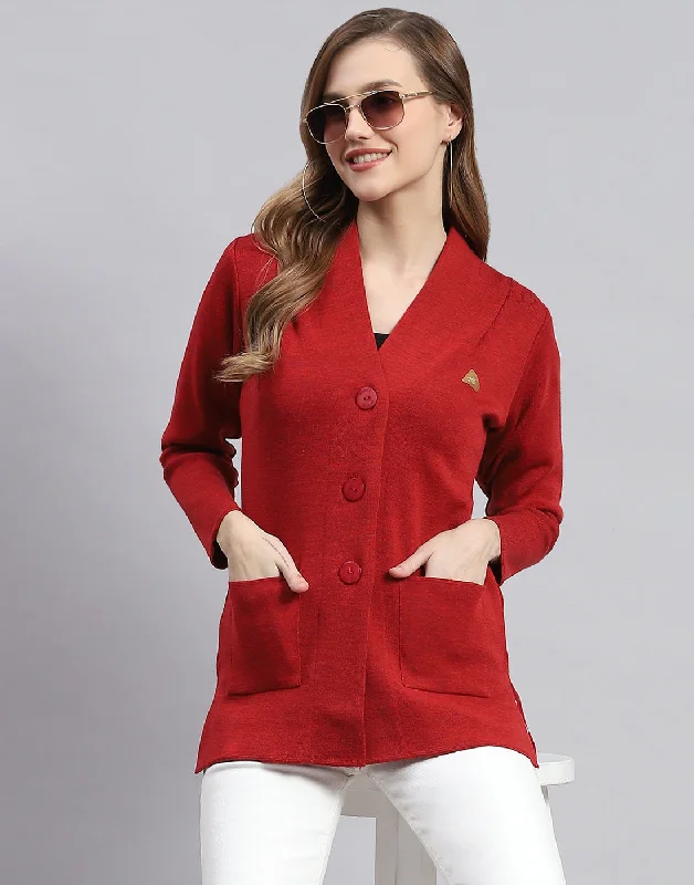 cardigan tonal red -Women Rust Solid V Neck Full Sleeve Cardigans