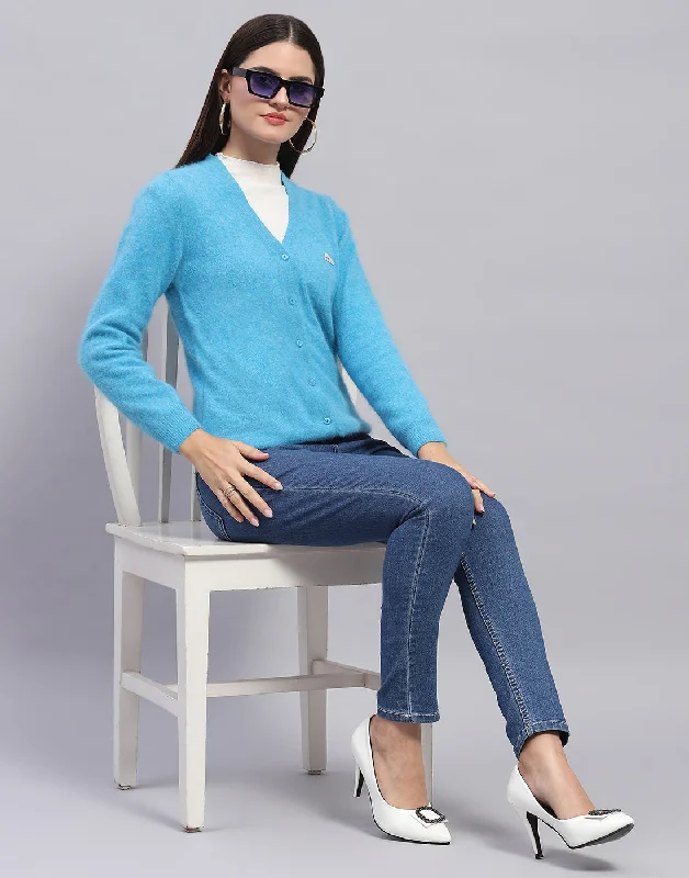 cardigan tonal fabric -Women Turquoise Blue Solid V Neck Full Sleeve Cardigan