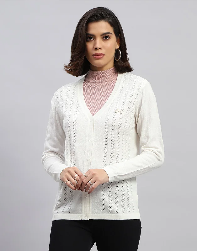 cardigan warm stack -Women White Self Design V Neck Full Sleeve Cardigan