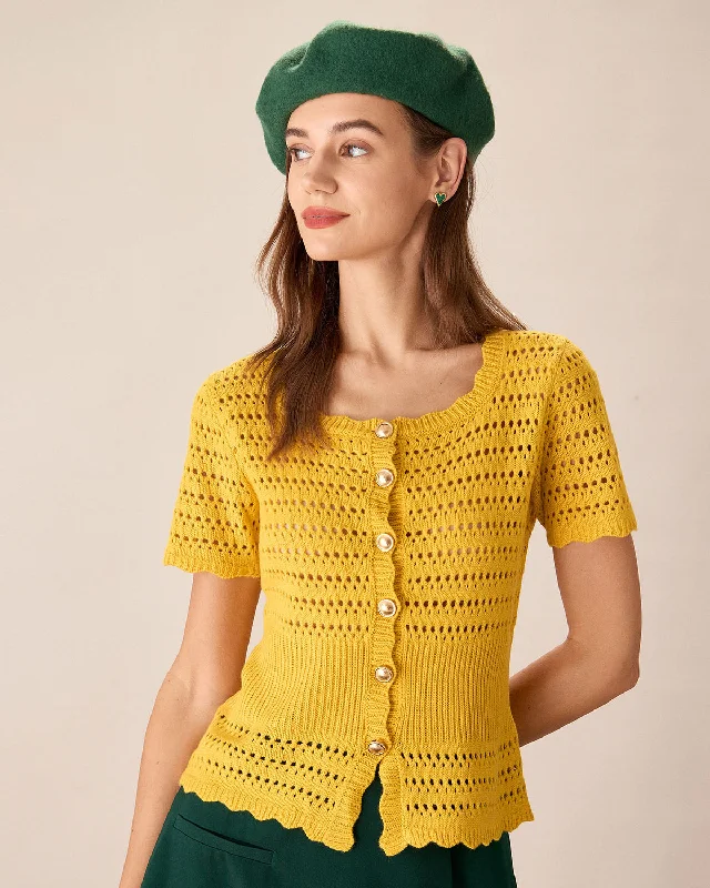 cardigan luxe stack -Yellow Crochet Single-Breasted Cardigan