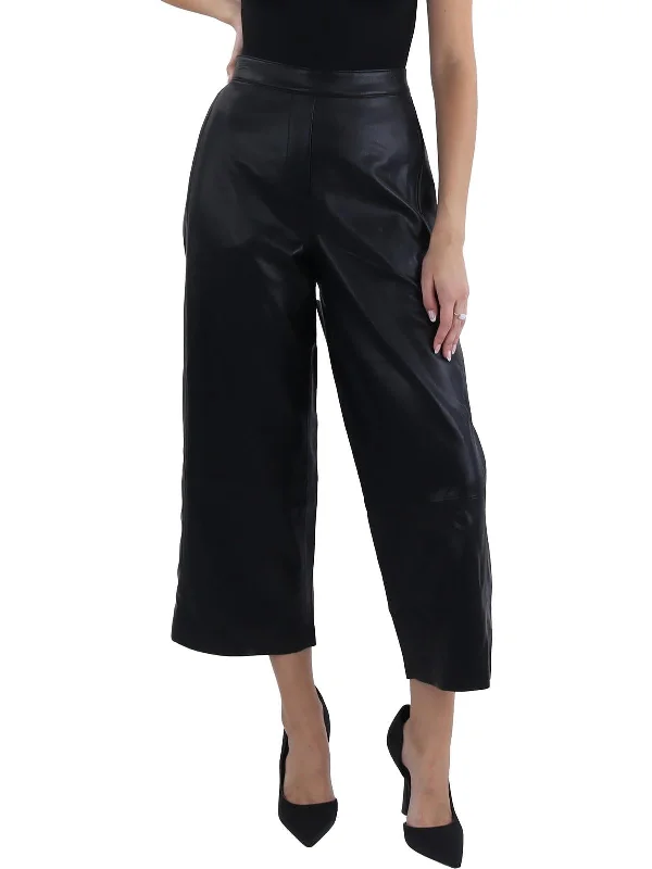 sage green wide leg pants elegant -Bernie Womens Faux Leather Mid-Rise Wide Leg Pants