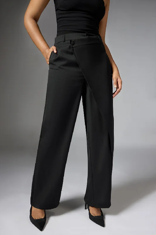 burnt orange slim fit pants sleek -Onyx Black Wrap Front Korean Pants