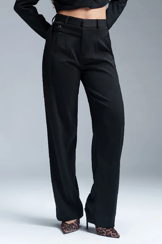 teal slim fit pants sleek -Black Nova Strap Detailed Korean Pants