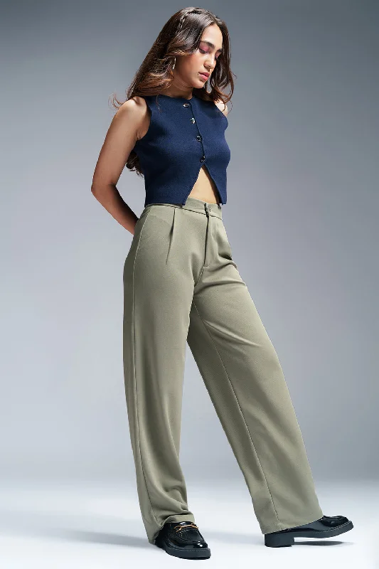 olive track pants comfy -Pastel Olive Women's Textured Korean Pants