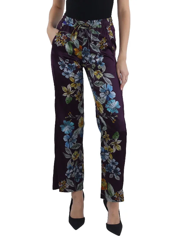 teal slim fit pants sleek -Lexi Stella Womens Silk Floral Print Straight Leg Pants