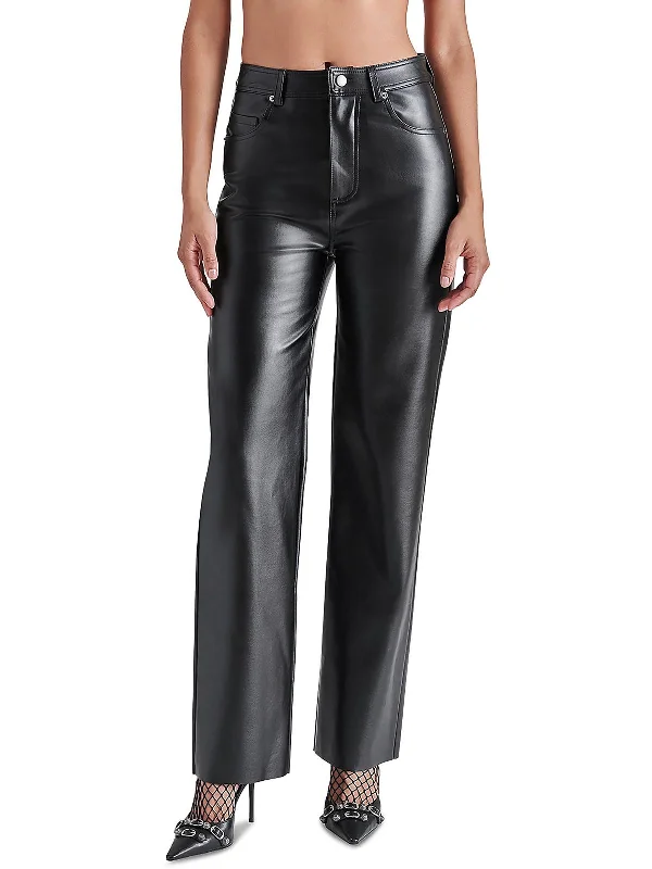 khaki faux leather pants edgy -Loren Womens Faux Leather Mid-Rise Straight Leg Pants