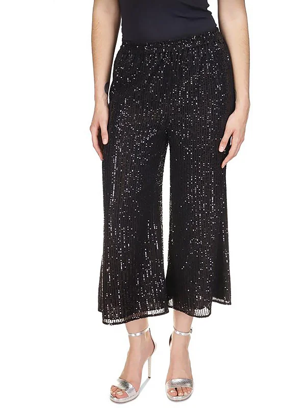 coral bootcut pants chic -Petites Womens Sequined Wide Leg Cropped Pants