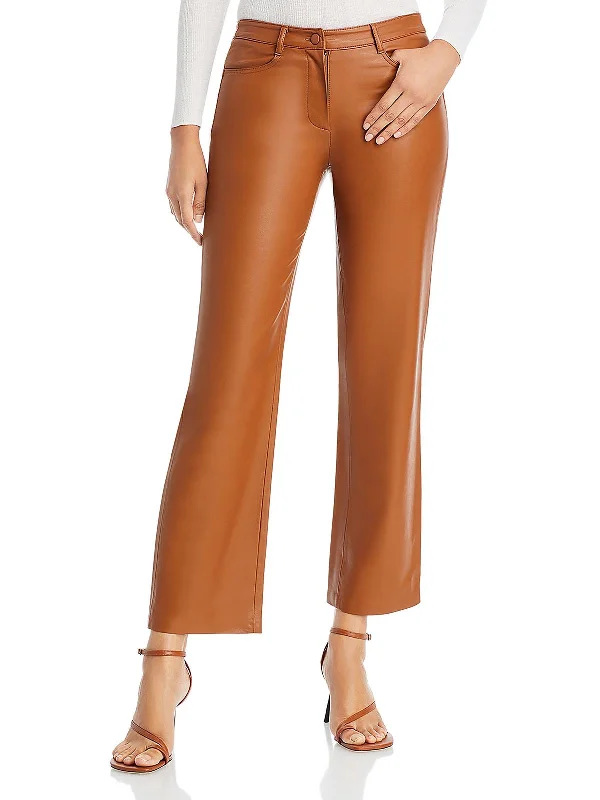 olive palazzo pants elegant -Peyton Womens Faux Leather Mid-Rise Ankle Pants