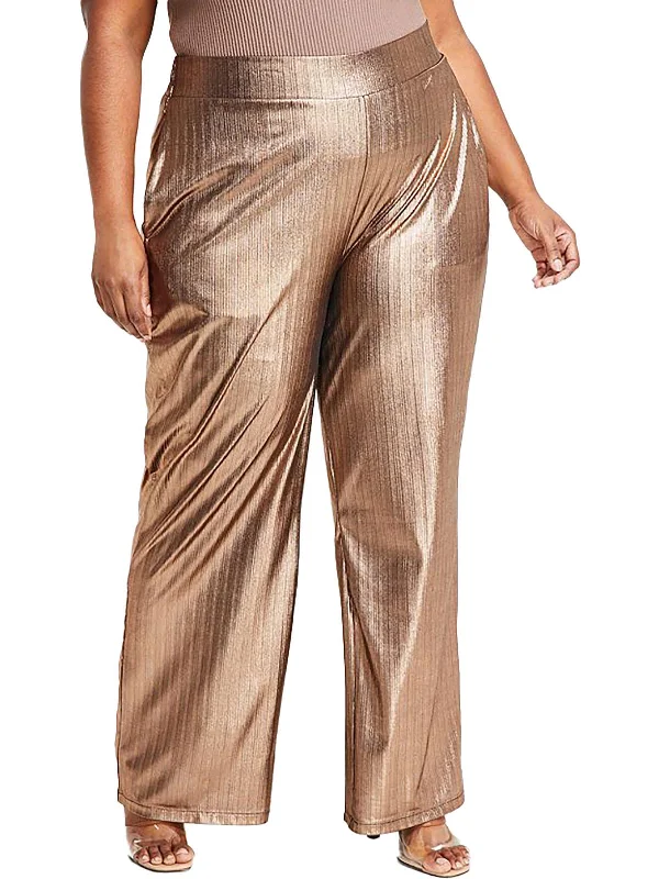 maroon dress pants polished -Plus   Womens Metallic Disco Wide Leg Pants