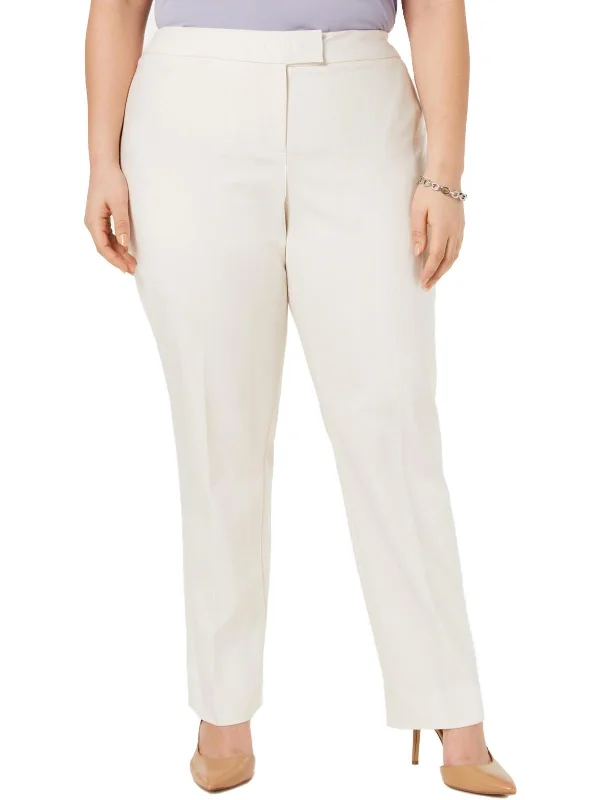 khaki palazzo pants stylish -Plus Womens Solid Mid-Rise Straight Leg Pants