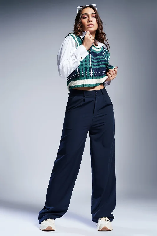 coral cigarette pants chic -Rich Navy Straight Fit Korean Pants