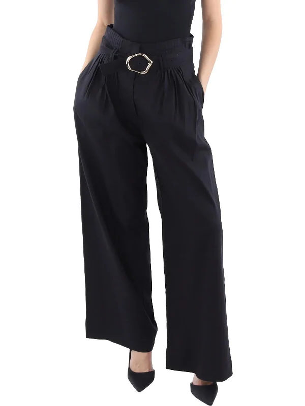 sage green cigarette pants smart -Womens Belted Pleated Wide Leg Pants