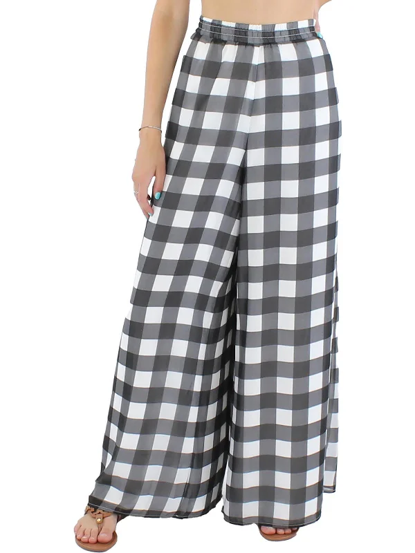 taupe relaxed fit pants casual -Womens Chiffon Check Print Wide Leg Pants