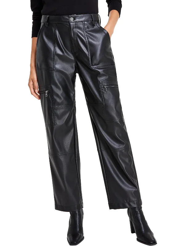 teal faux leather pants bold -Womens Faux Leather Embossed Cargo Pants