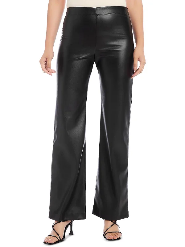 lilac tailored trousers smart -Womens Faux Leather Pull On Wide Leg Pants