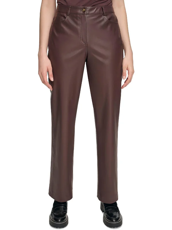 lilac slim fit pants sleek -Womens Faux Leather Straight Leg Pants