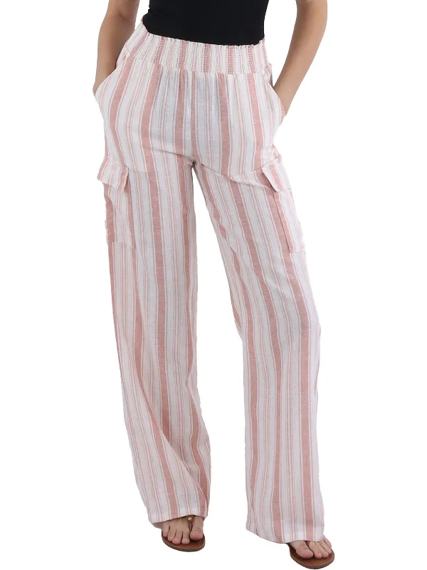 soft beige stretch jeans modern -Womens Smocked Striped Straight Leg Pants